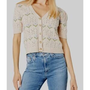 Heartloom Deline Floral Cotton Button Front V-Neck Cardigan Sweater Casual Sz M